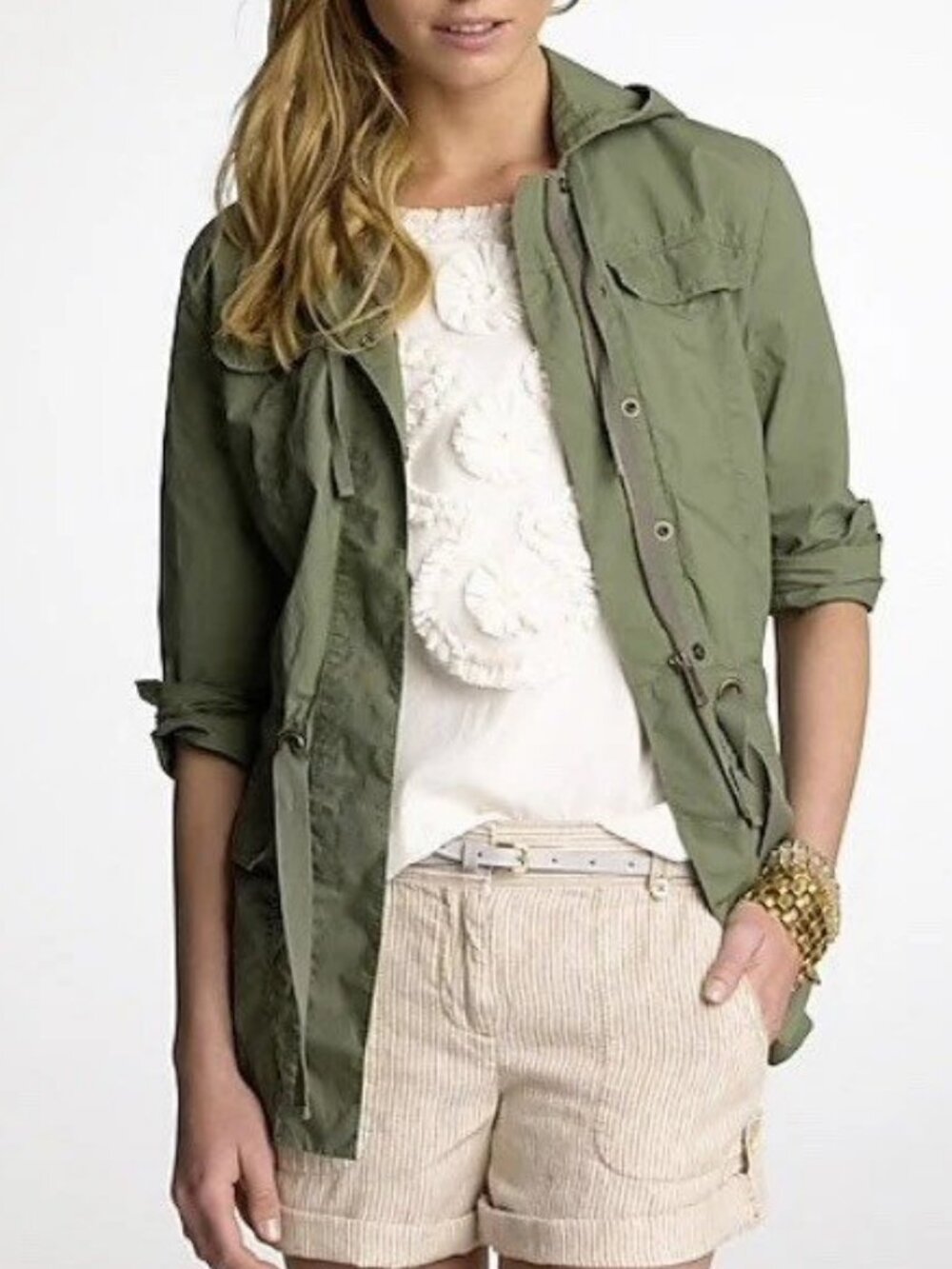 J. Crew Women M Olive Green Poplin Cargo Utility Hooded Jacket Cotton